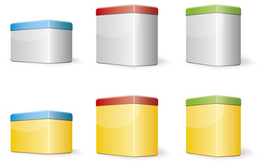 Rectangular boxes. Empty metal cans with color covers.