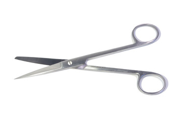 Open surgical scissors at white background - obrazy, fototapety, plakaty