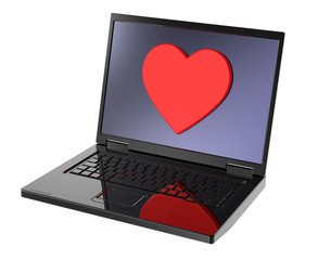 Laptop with heart on the screen isolated over white background.