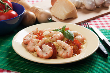 Shrimp prawns with cooked rice