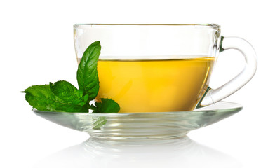 nice cup of tea and mint isolated on white