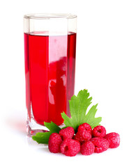 fresh raspberries, leaves and juice isolated on white