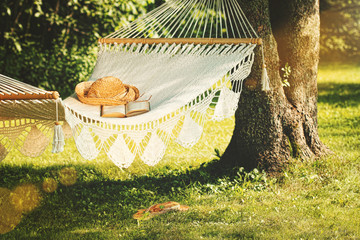 View of hammock and book  on a summer day - 33829067
