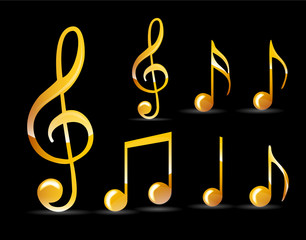set of gold music note isolated on black background