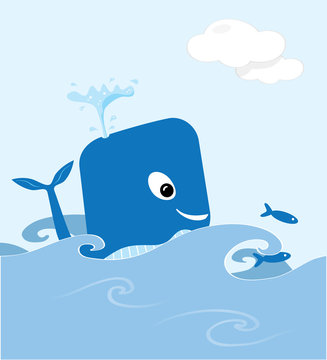 Happy cartoon blue whale swimming in sea