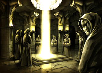 The mystic ritual in the dark temple. - obrazy, fototapety, plakaty