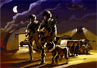 Twee soldaten met de hond patrouilleren op de militaire basis