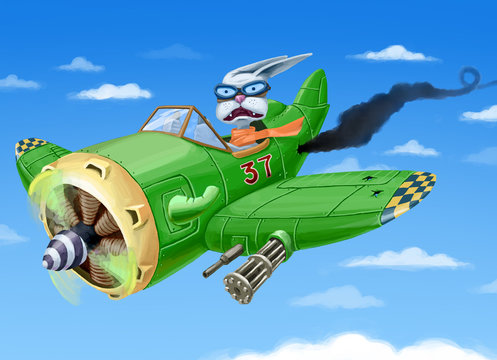 The green fighter plane with a rabbit in a cabin is falling down