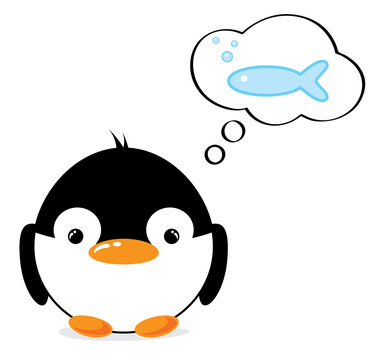 Funny cartoon penguin thinking of fish