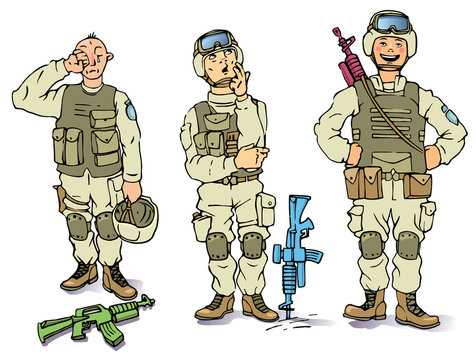There is the three soldiers in the US army uniform