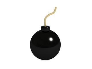 black round bomb with a fuse on a white surface