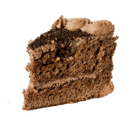 Piece of chocolate cake on white isolated background