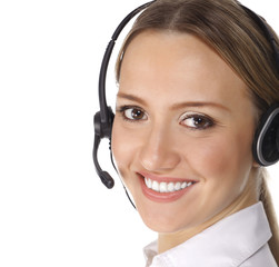 smiling cheerful support phone operator in headset