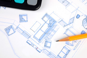 Pencil,calculator and house plan