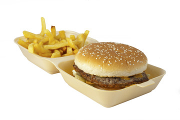Burger and fries, white background.