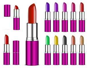 set of colorful color lipsticks isolated on white background