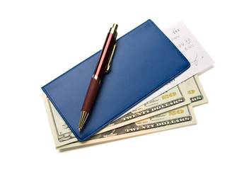 Check book with pen and stack of US dollar bills on white background