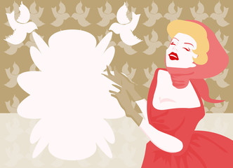 Beautiful happy woman retro portrait card with birds and space f