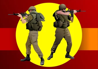 Afwasbaar Fotobehang Soldaten Soldaat in camouflage-uniform die zijn geweer richt