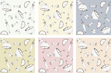 Illustration of vintage umbrella, hat, fan, glove