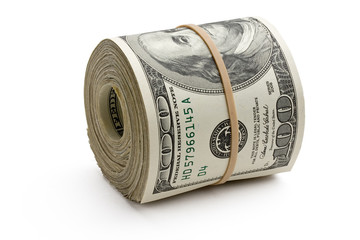 Money roll with hundreds of US dollars