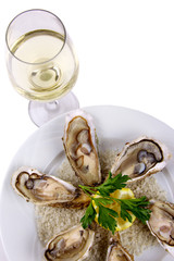 assiette d'huitres et verre de vin blanc