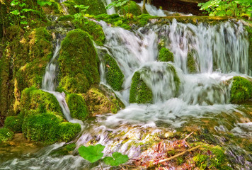 Water flowing over mossy rocks.