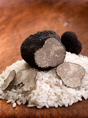 sliced black truffle over wood background