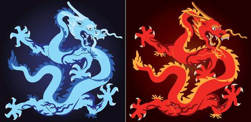 Two chinese dragons in blue and red