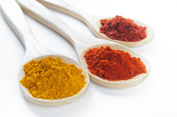 Various spices in wooden spoons