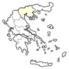 Political map of Greece with the several states where Central Macedonia is highlighted.