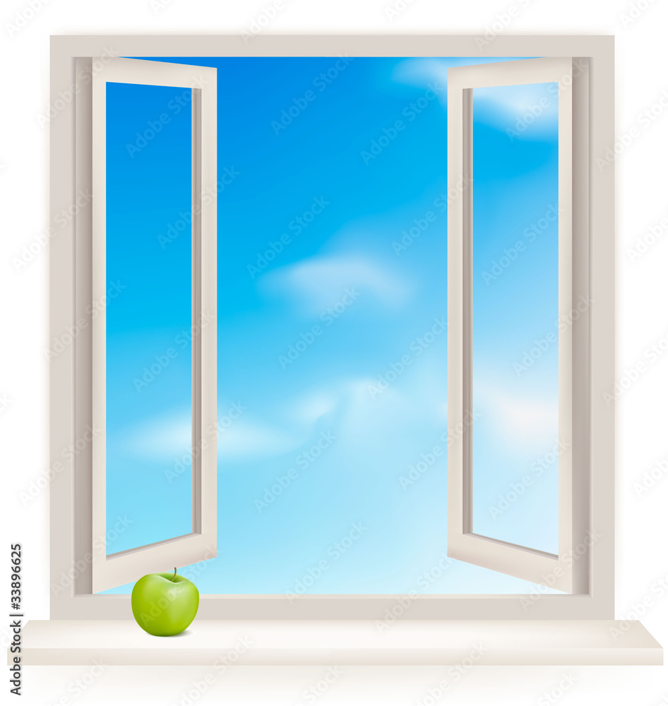 Aufkleber open window against a white wall and the cloudy sky. vector