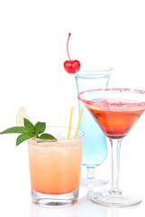 Blue margarita cocktail, Long island iced tea, red martini cosmo