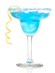 Blue Margarita cocktail with lemon twist in chilled salt rimmed