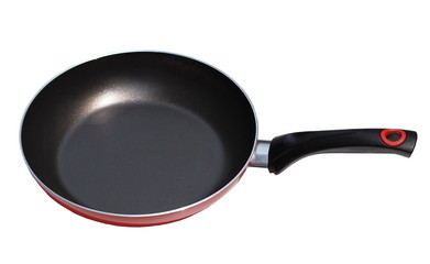 Red pan with handle on white background