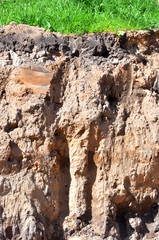 Eroded canyon cliff with soil layers and green grass on top