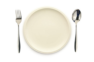 empty white dish spoon and fork on white background