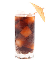 a glass of Coca Cola with ice