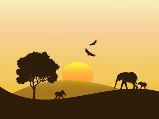 Fototapeta na wymiar Ilustração - elefantes em África no final da tarde