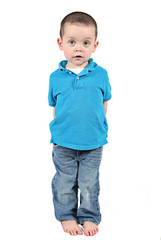 Sweet Little boy in blue isolated on white background
