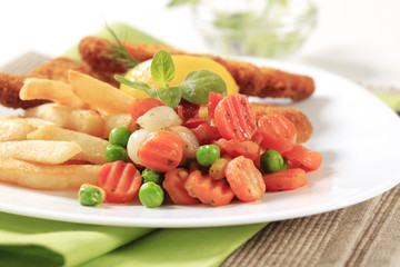 Mixed vegetables and French fries