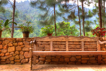 HDR view of a bench in a rainforest