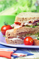 Sandwiches with bacon, and veg, close-up shot