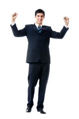 Very happy successful gesturing young business man, isolated