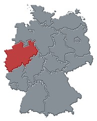Map of Germany, North Rhine-Westphalia highlighted