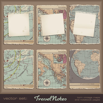 torn grungy notebook pages on antique maps