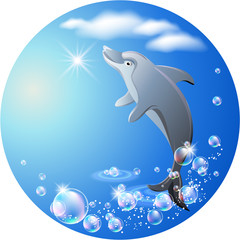 Fond rond avec dauphin, nuages et bulles