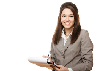 Smiling business woman holding documents