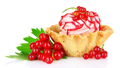 tasty cake with cream and currant isolated on white