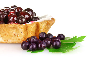 tasty cake with cream and blueberries isolated on white